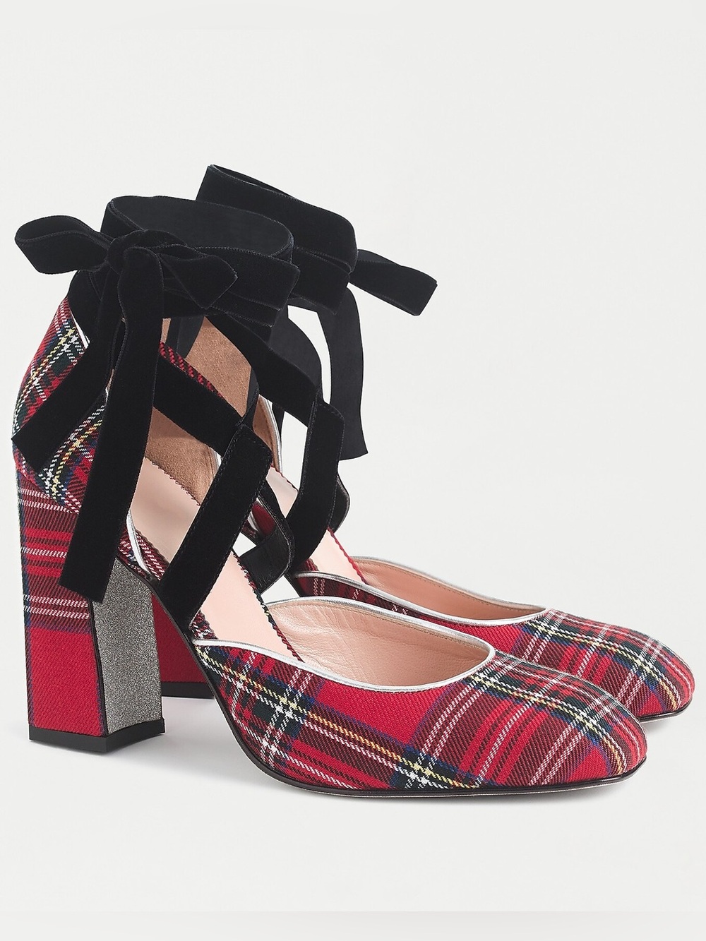 J. Crew | Red Stewart Tartan Round-Toe Lace-up Glitter Sole Heeled Pumps
